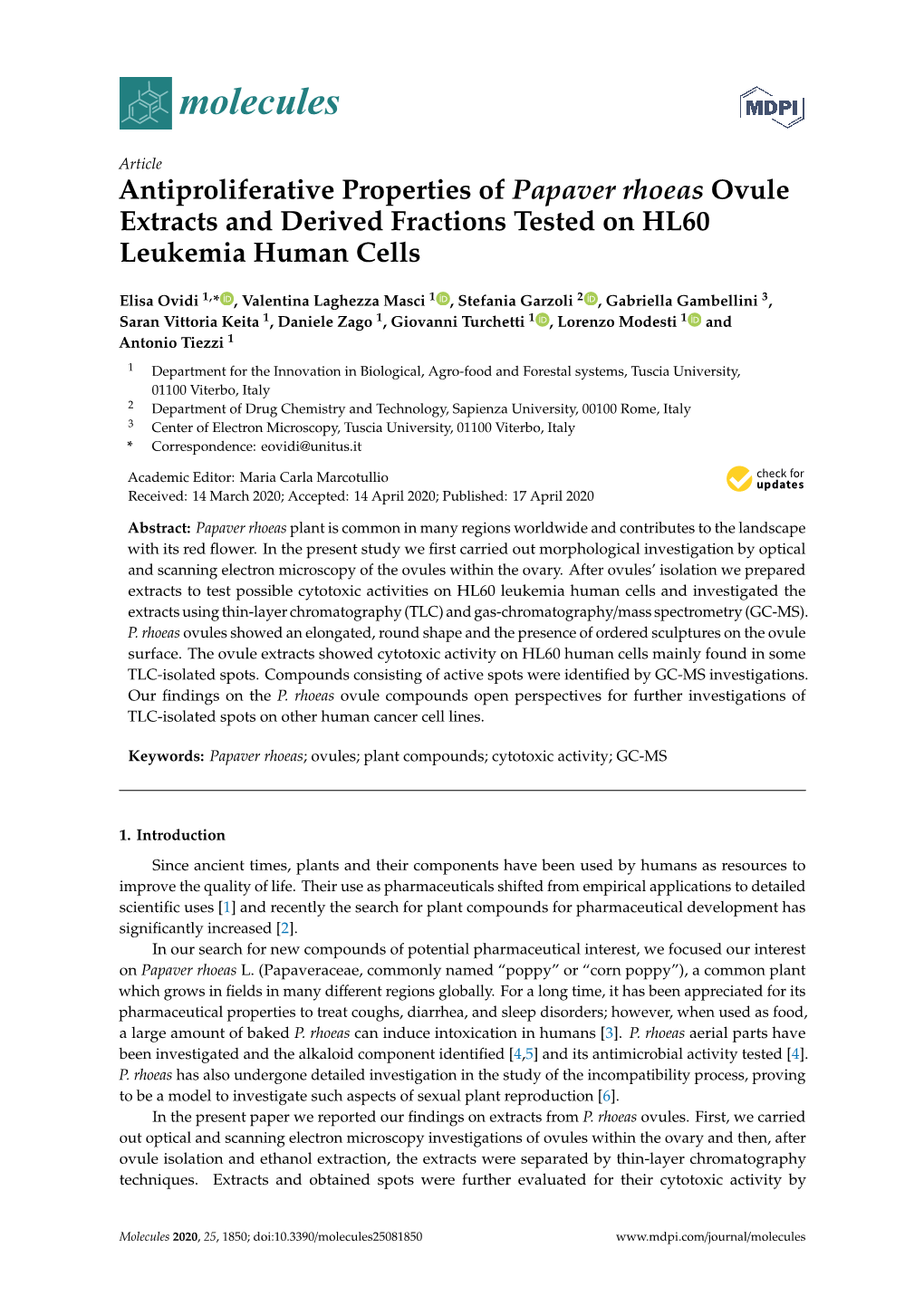 Antiproliferative Properties of Papaver Rhoeas Ovule Extracts and Derived Fractions Tested on HL60 Leukemia Human Cells