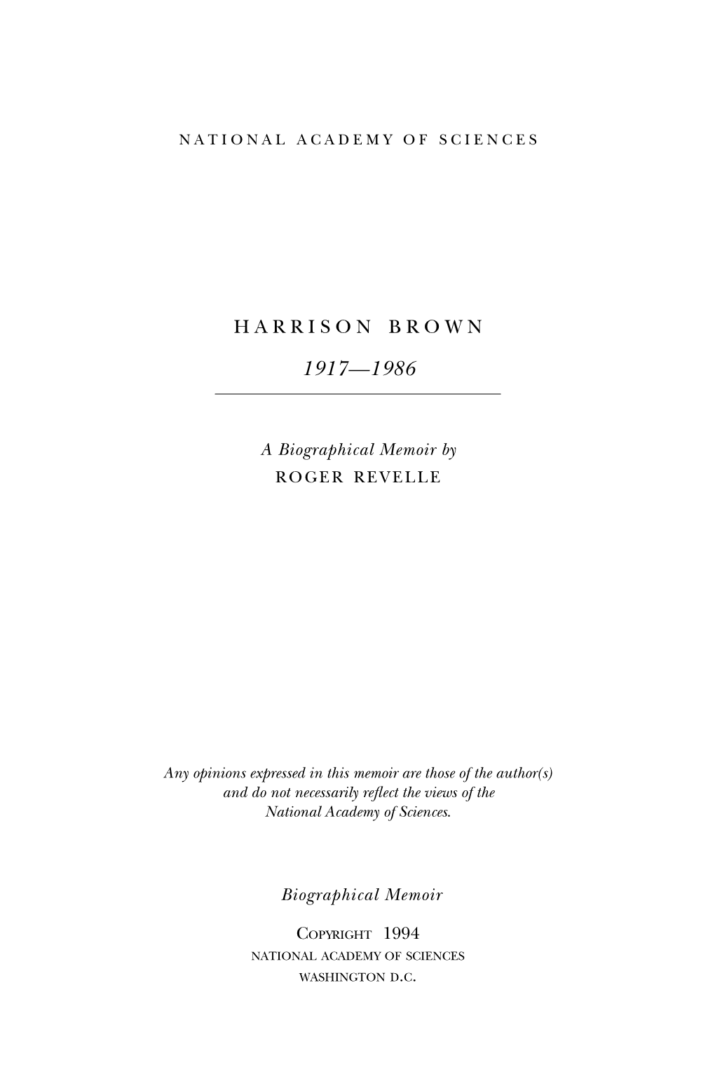 HARRISON BROWN September 26, 1911-December 8, 1986