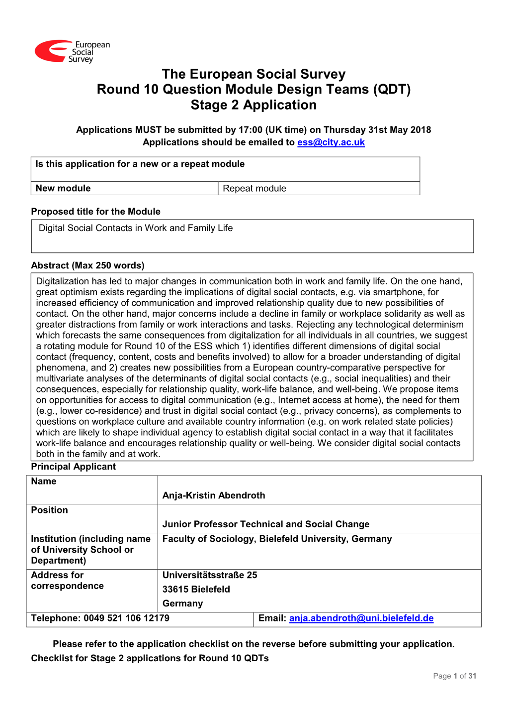 The European Social Survey Round 10 Question Module Design Teams (QDT) Stage 2 Application