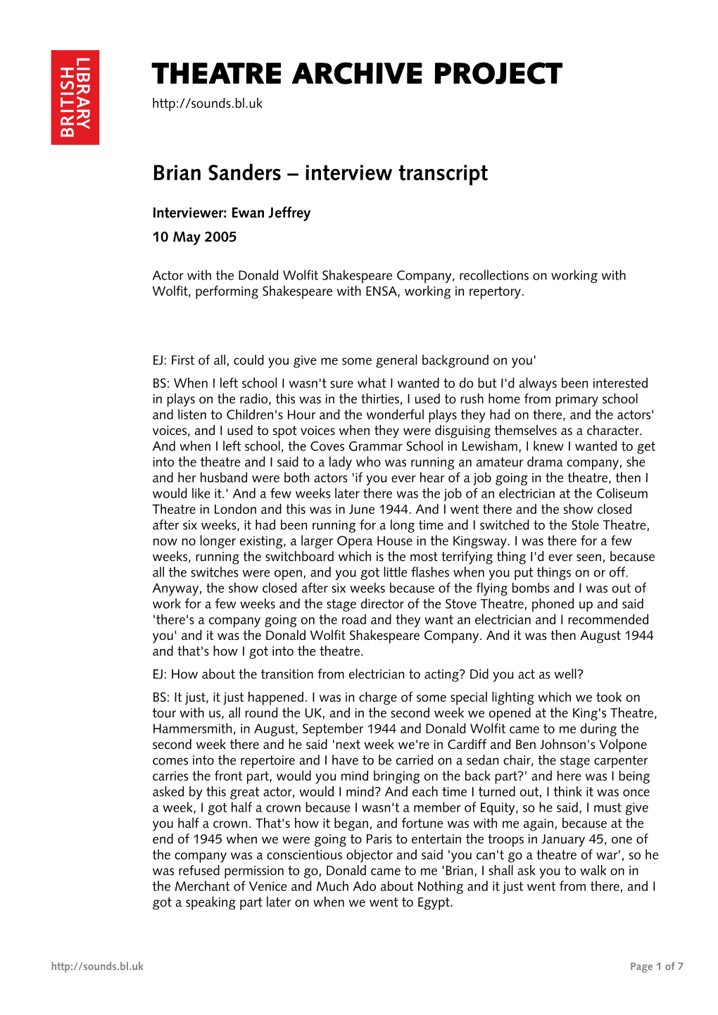 Theatre Archive Project: Interview with Brian Sanders