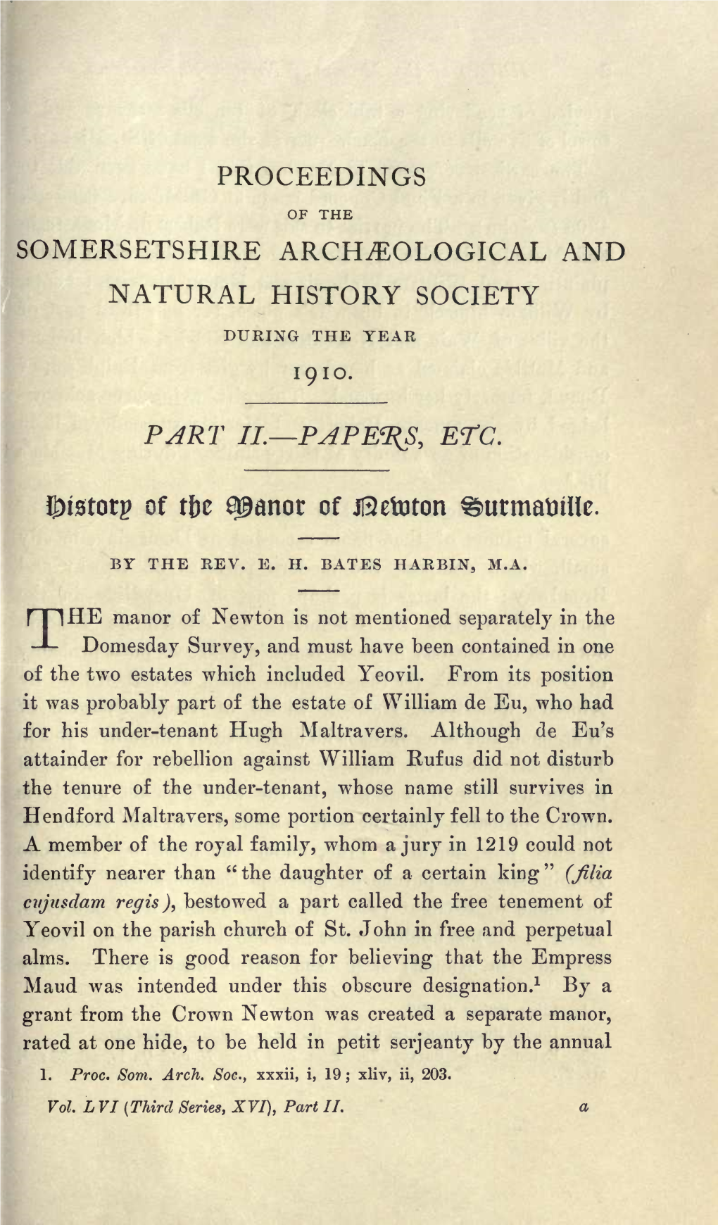 Bates Harbin, E H, History of the Manor of Newton Surmaville, Part II