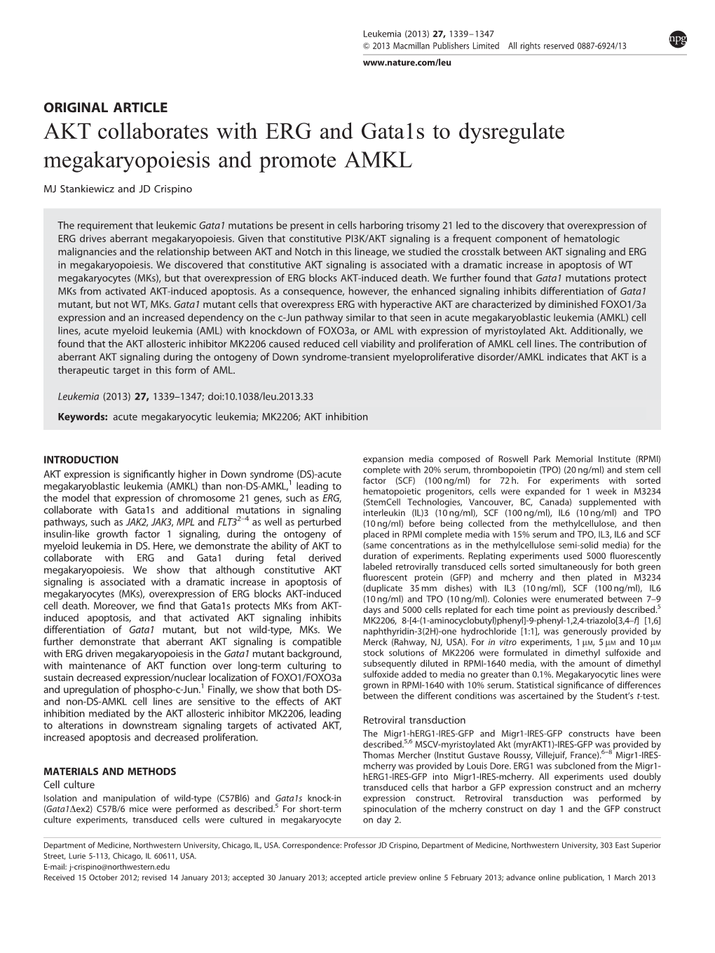 AKT Collaborates with ERG and Gata1s to Dysregulate Megakaryopoiesis and Promote AMKL