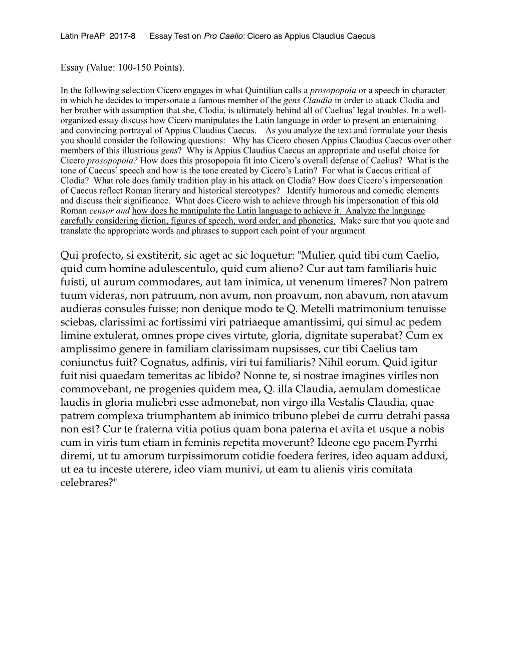 Latin PREAP 2016-7 Cicero Pro Caelio Essay Question Appius