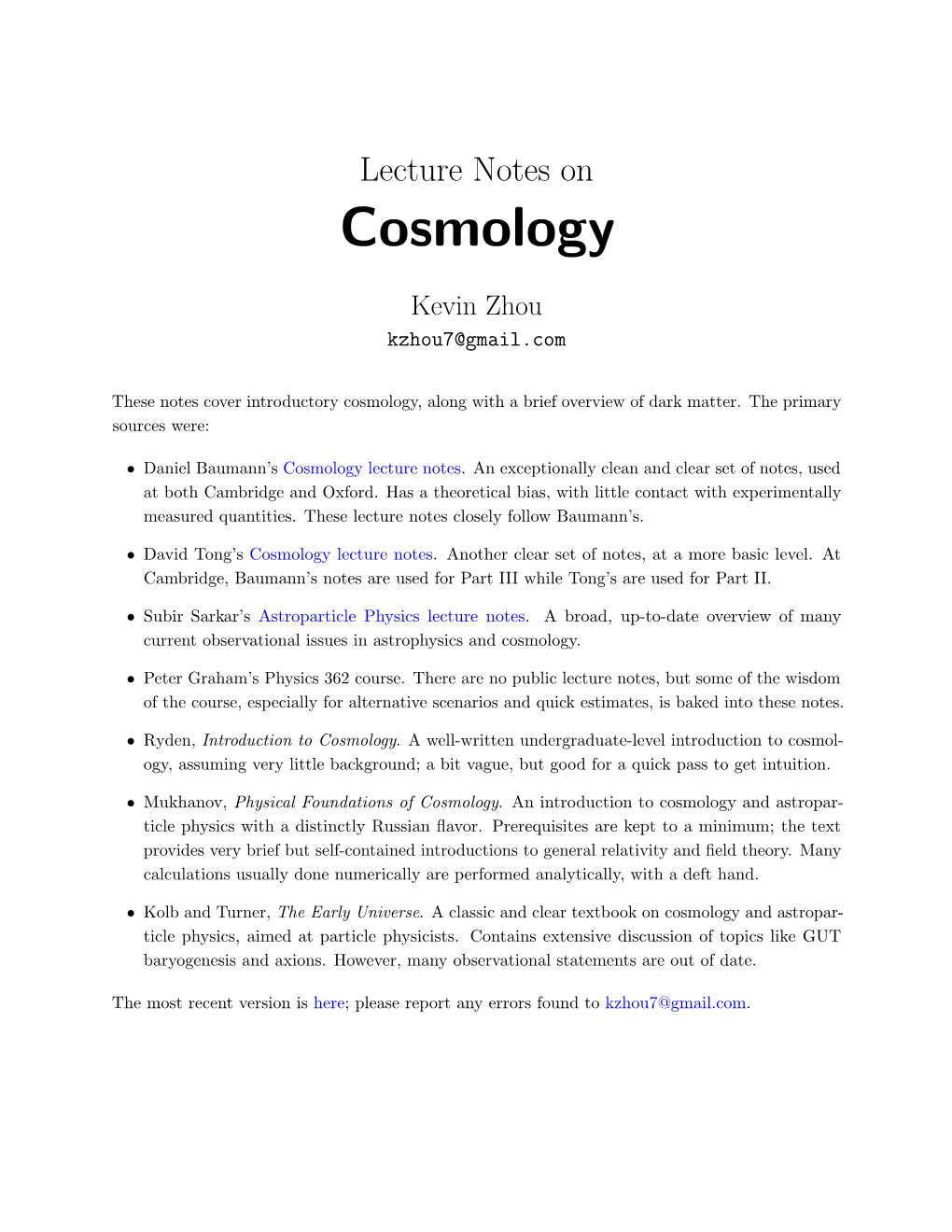 Lecture Notes on Cosmology