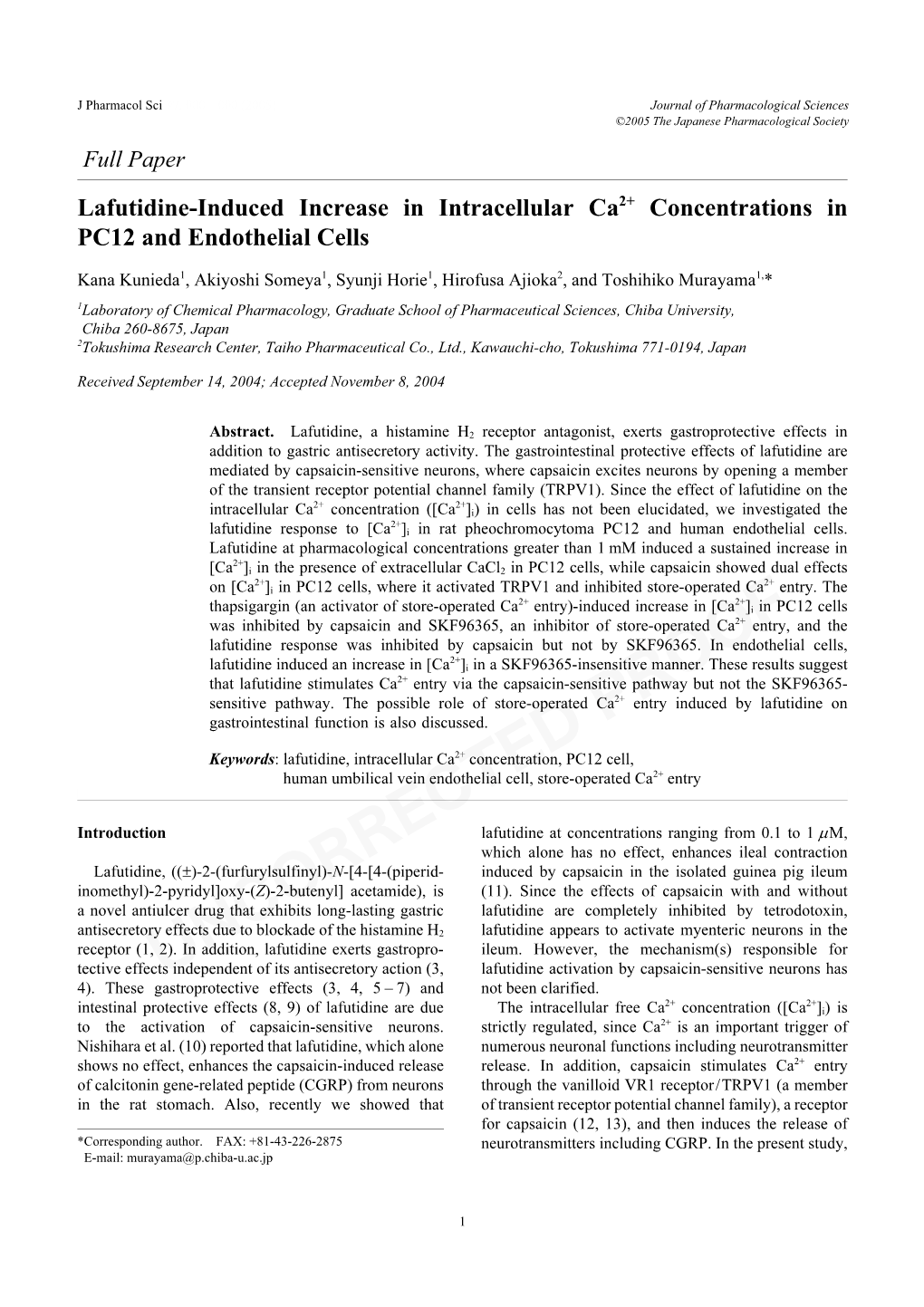Lafutidine-Induced Increase in Intracellular Ca Concentrations In