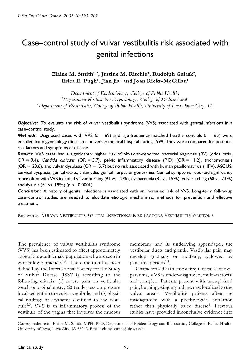 Case–Control Study of Vulvar Vestibulitis Risk Associated with Genital Infections