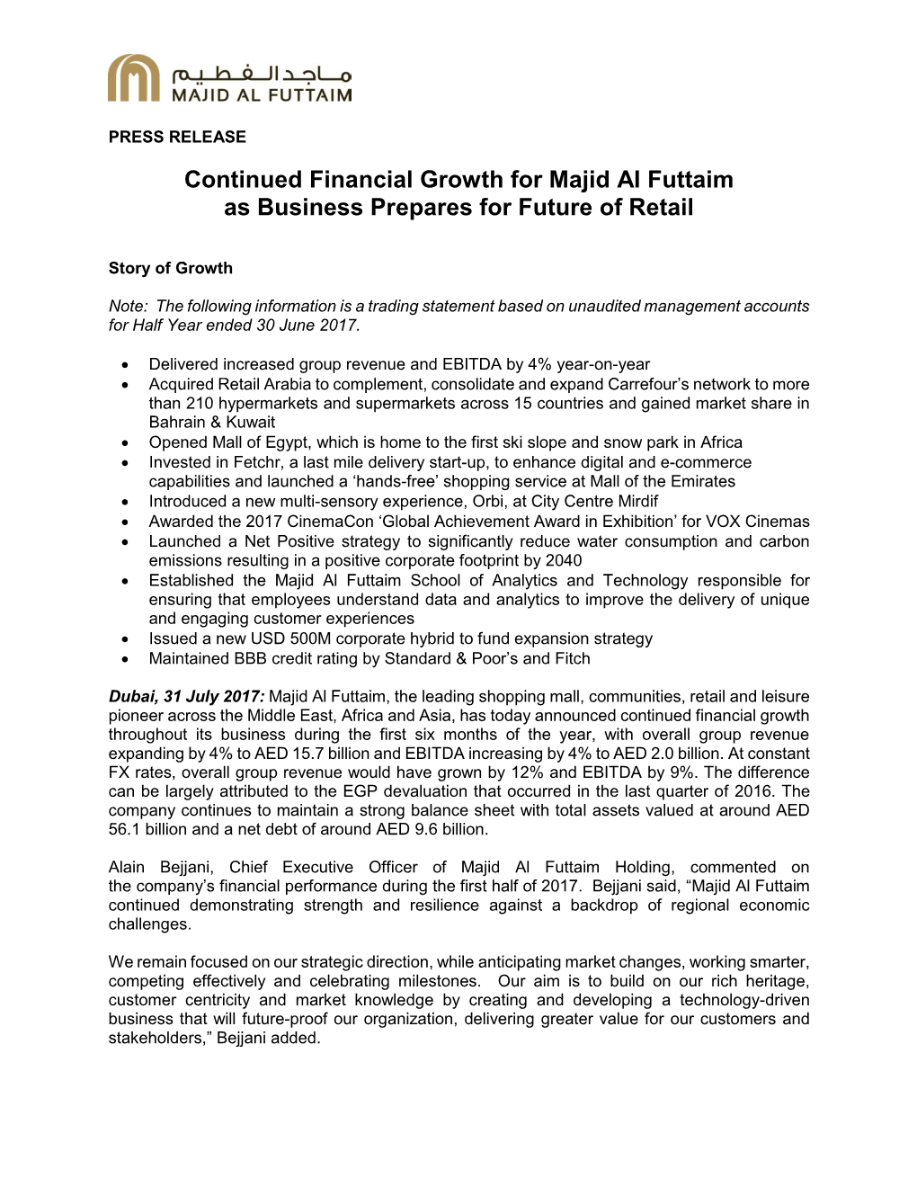 Continued Financial Growth for Majid Al Futtaim As Business Prepares for Future of Retail