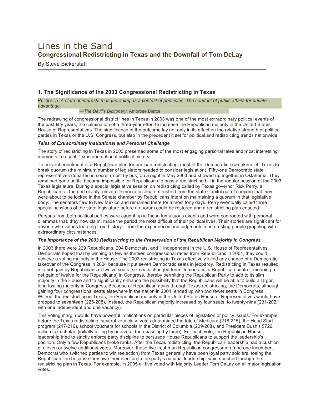 1. the Significance of the 2003 Congressional Redistricting in Texas