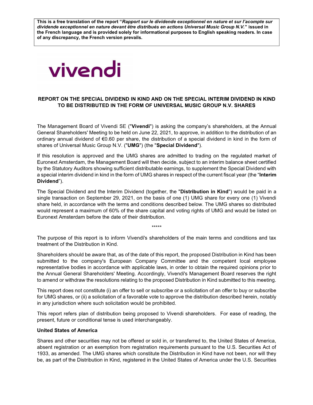 Report on the Special Dividend in Kind and on the Special Interim Dividend in Kind to Be Distributed in the Form of Universal Music Group N.V