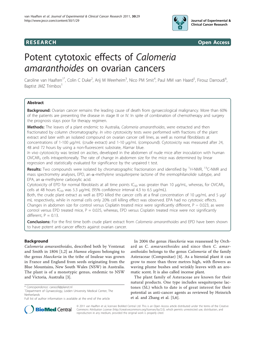 Potent Cytotoxic Effects of Calomeria Amaranthoides on Ovarian Cancers