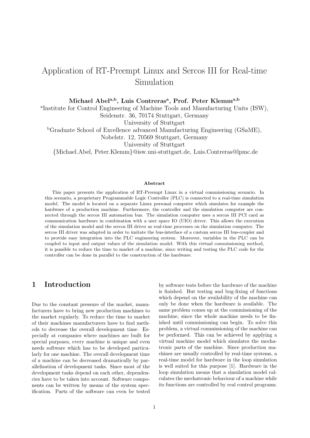 Application of RT-Preempt Linux and Sercos III for Real-Time Simulation