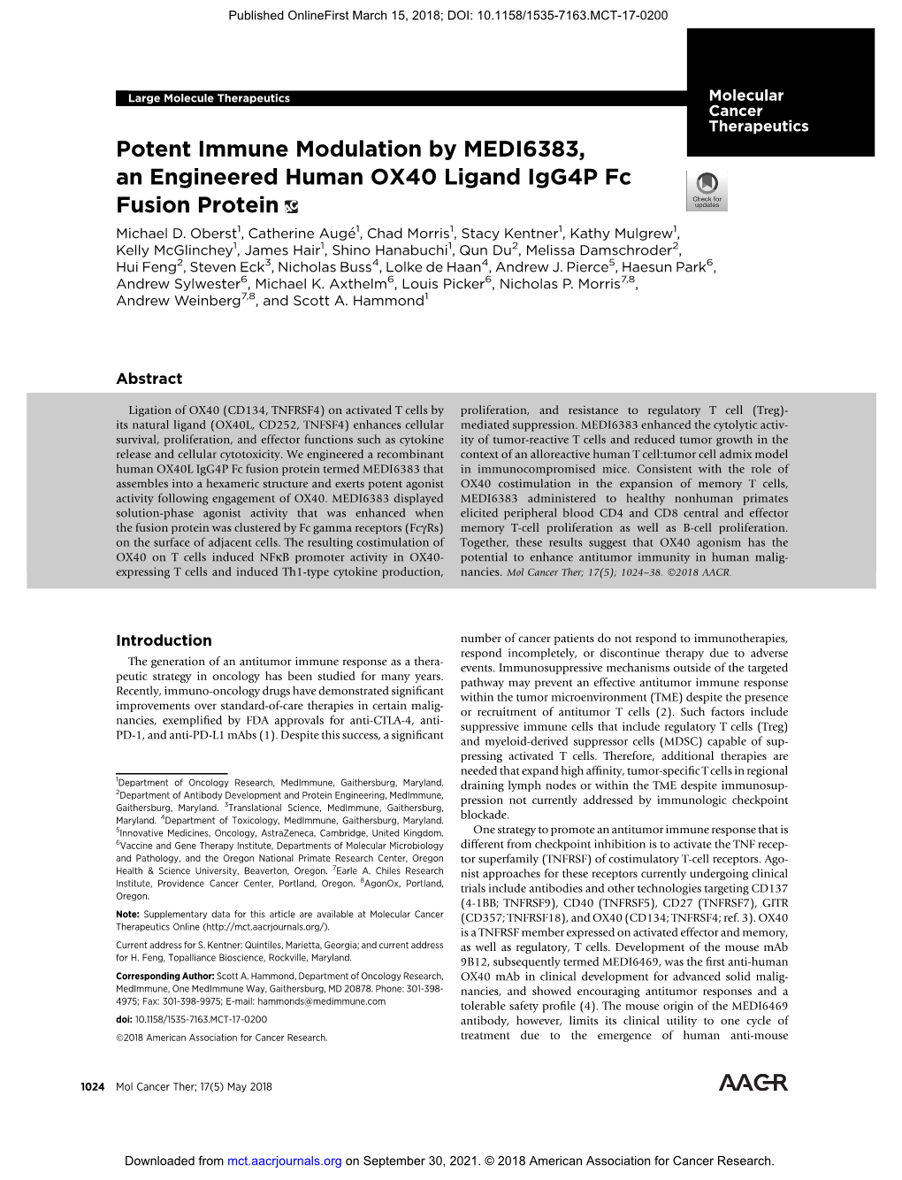 Potent Immune Modulation by MEDI6383, an Engineered Human OX40 Ligand Igg4p Fc Fusion Protein Michael D