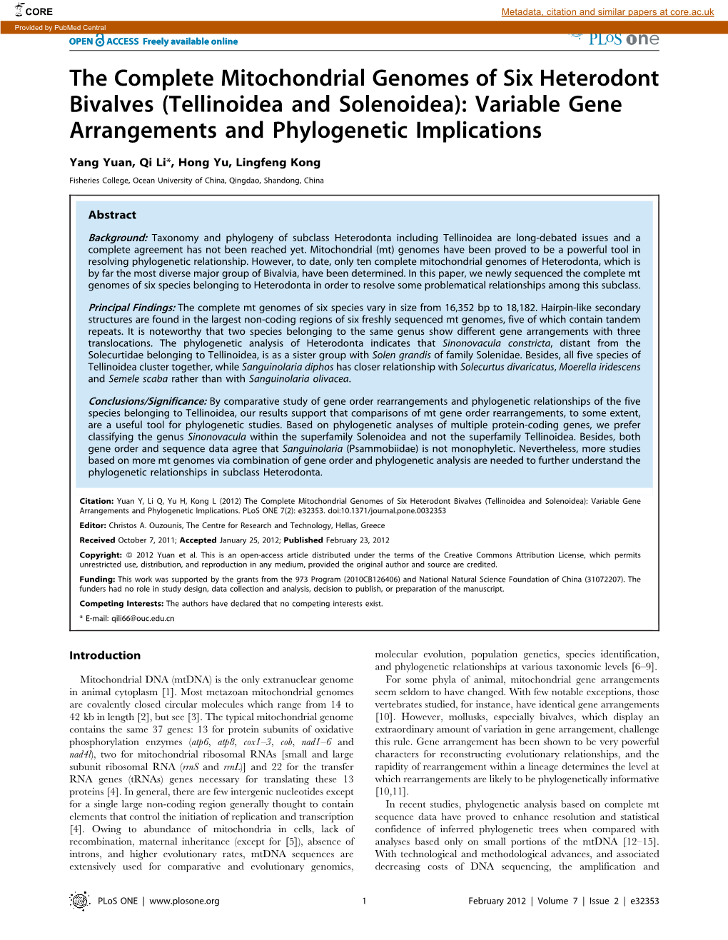 The Complete Mitochondrial Genomes of Six Heterodont Bivalves (Tellinoidea and Solenoidea): Variable Gene Arrangements and Phylogenetic Implications