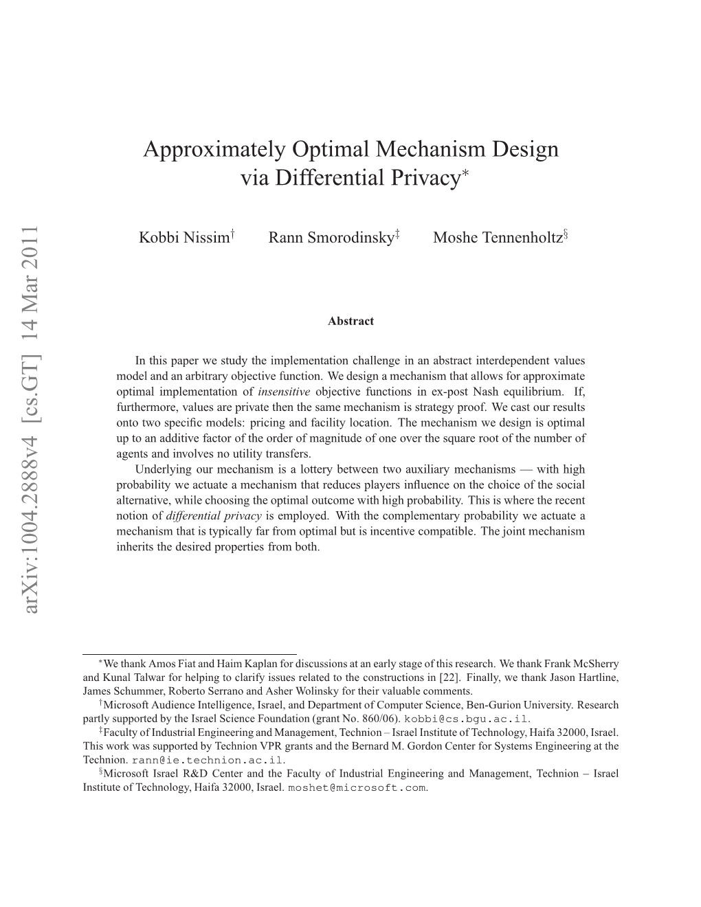 Approximately Optimal Mechanism Design Via Differential Privacy