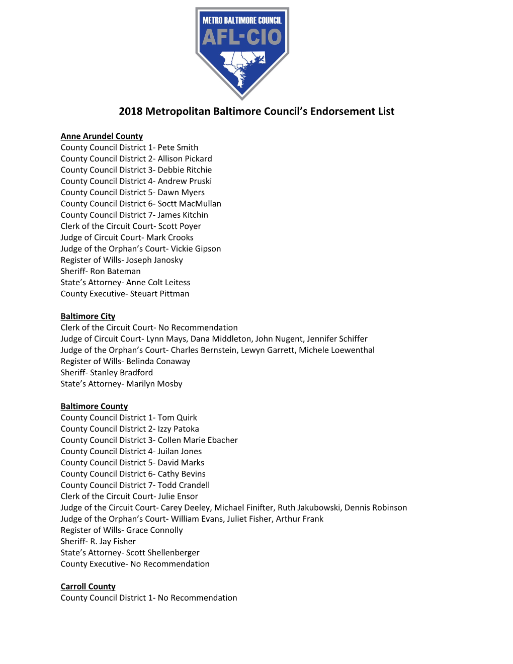 2018 Metropolitan Baltimore Council's Endorsement List