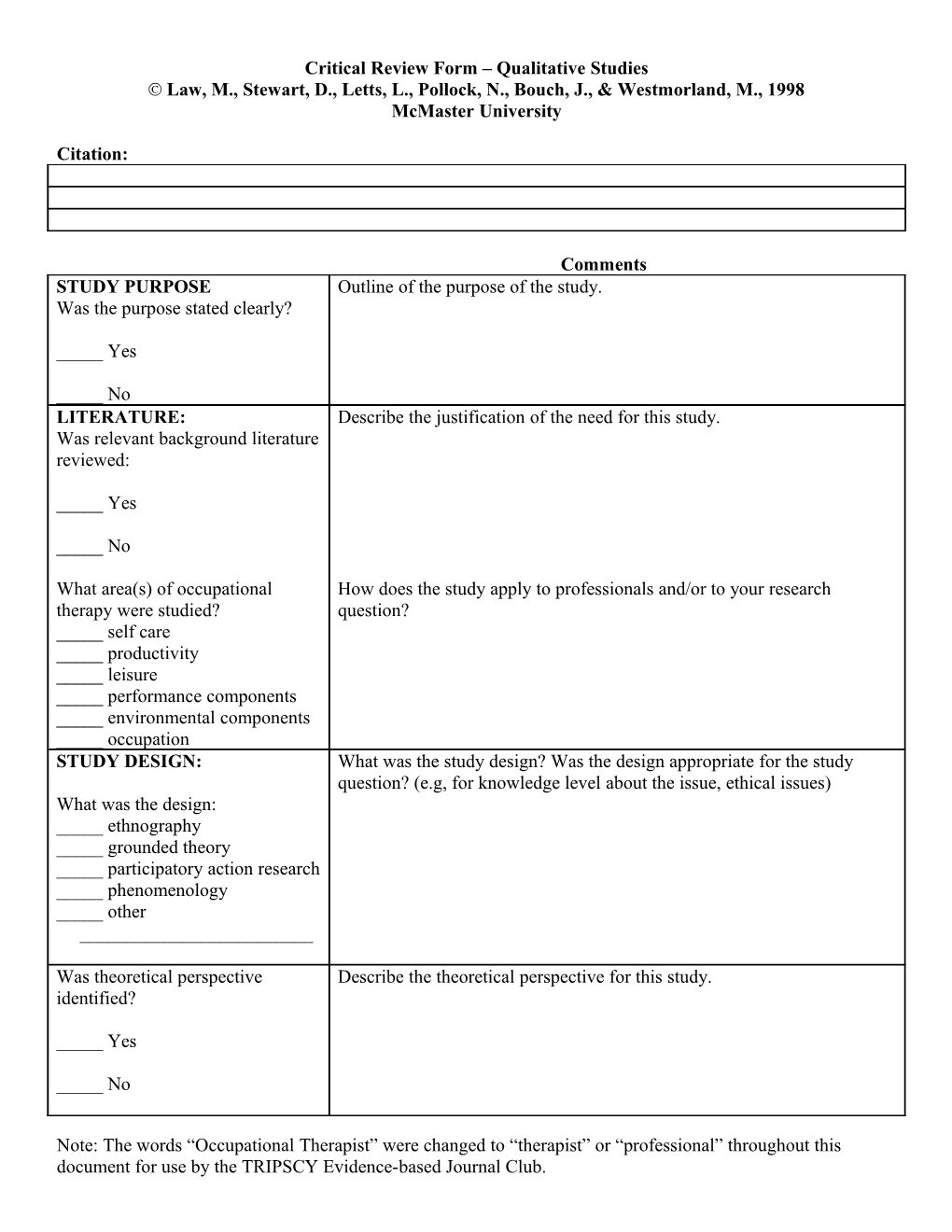 Critical Review Form – Qualitative Studies