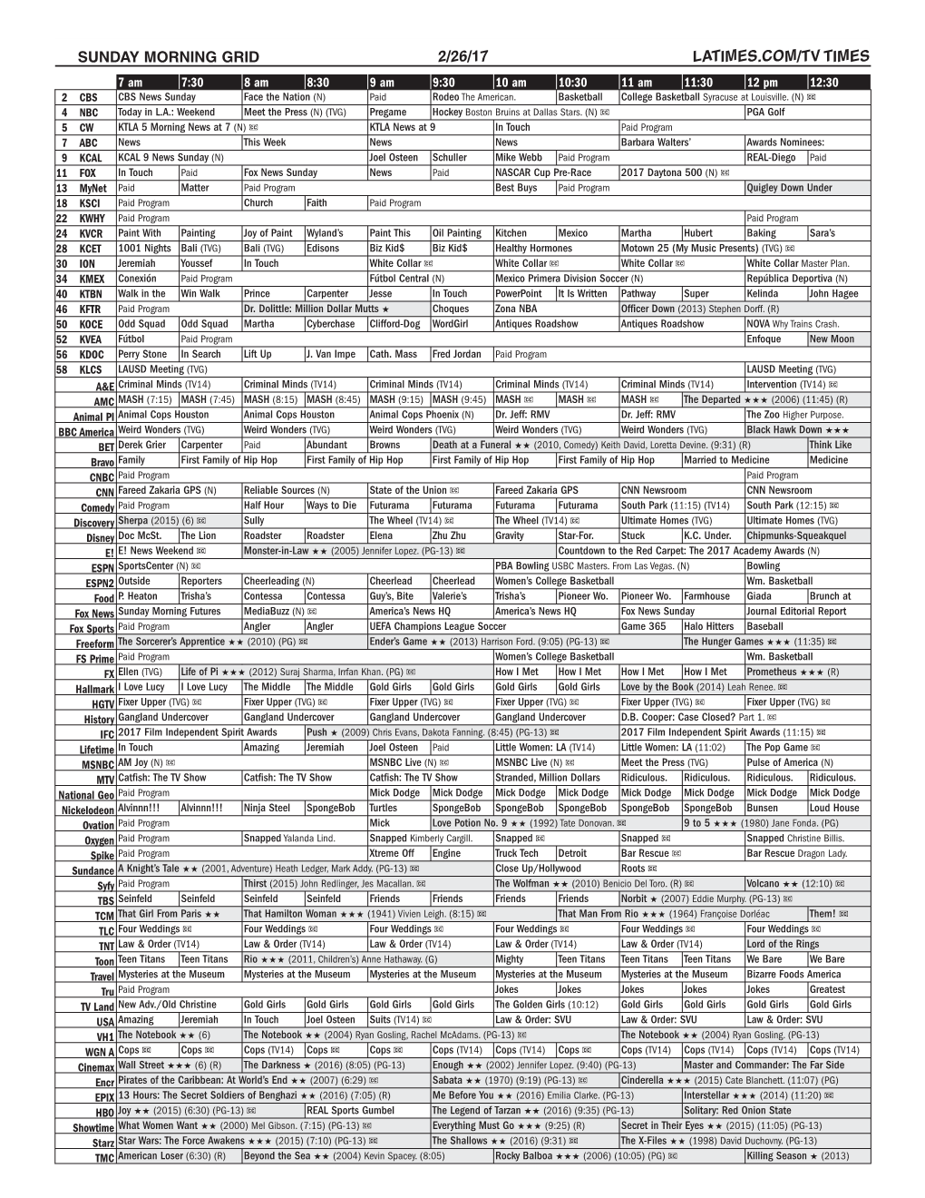 Sunday Morning Grid 2/26/17 Latimes.Com/Tv Times