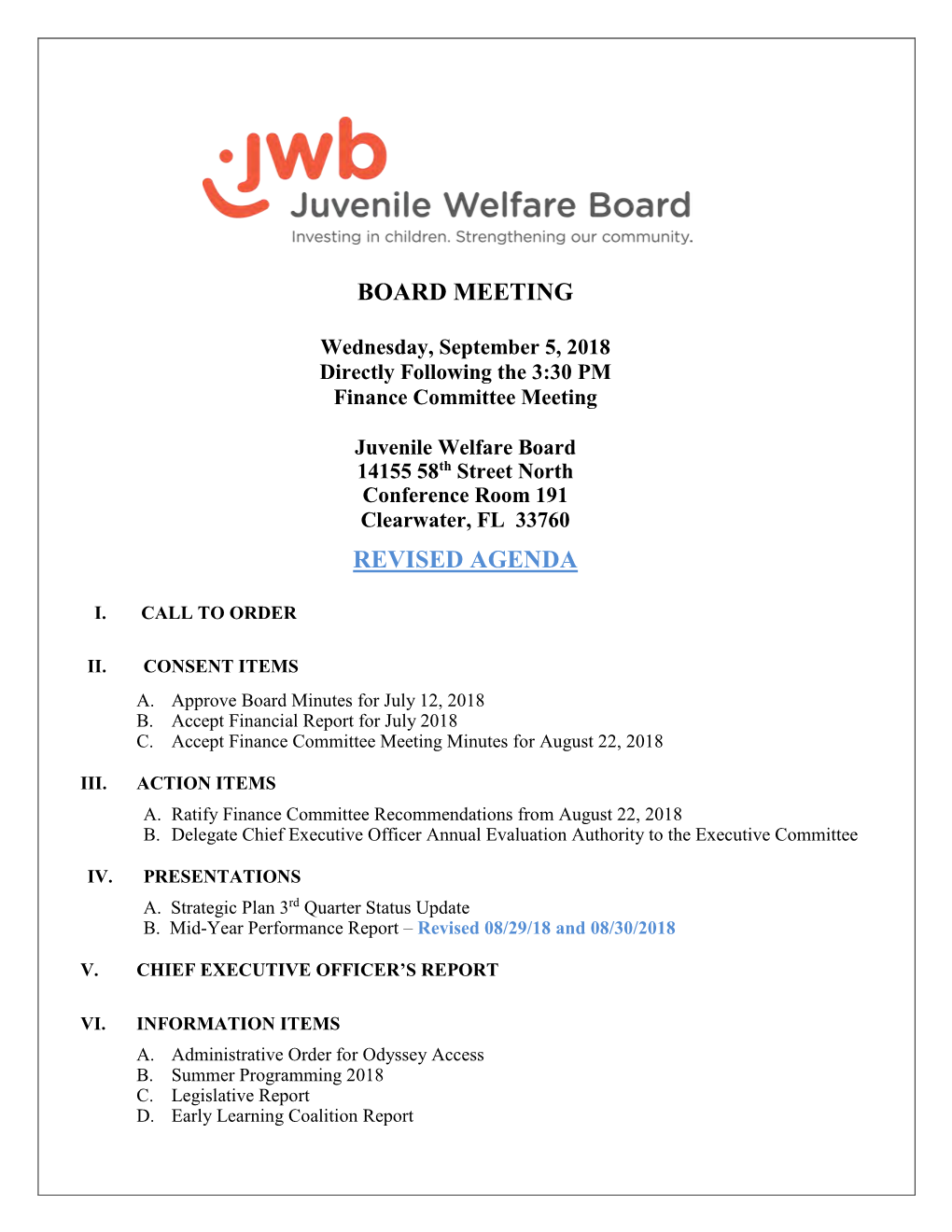 Board Meeting Revised Agenda