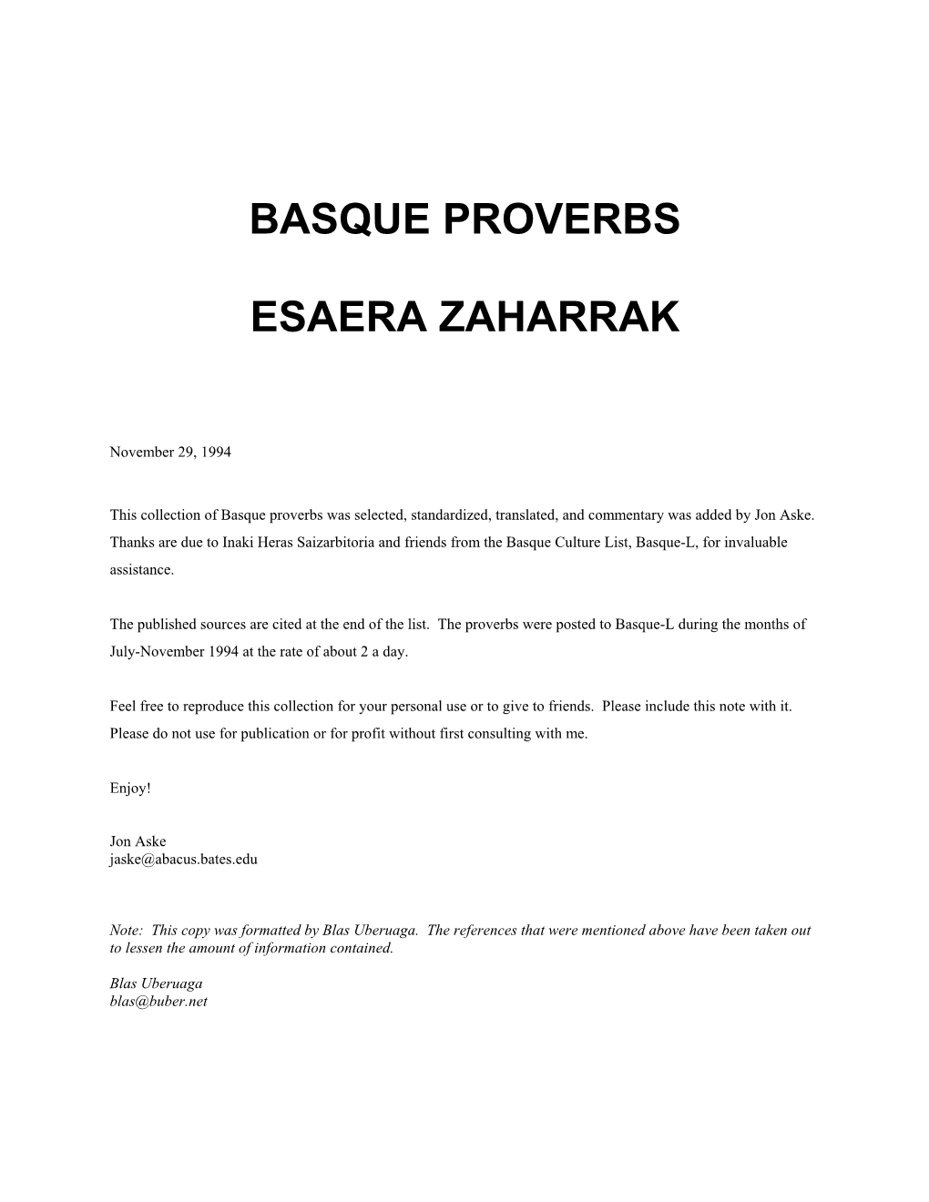 Basque Proverbs Esaera Zaharrak