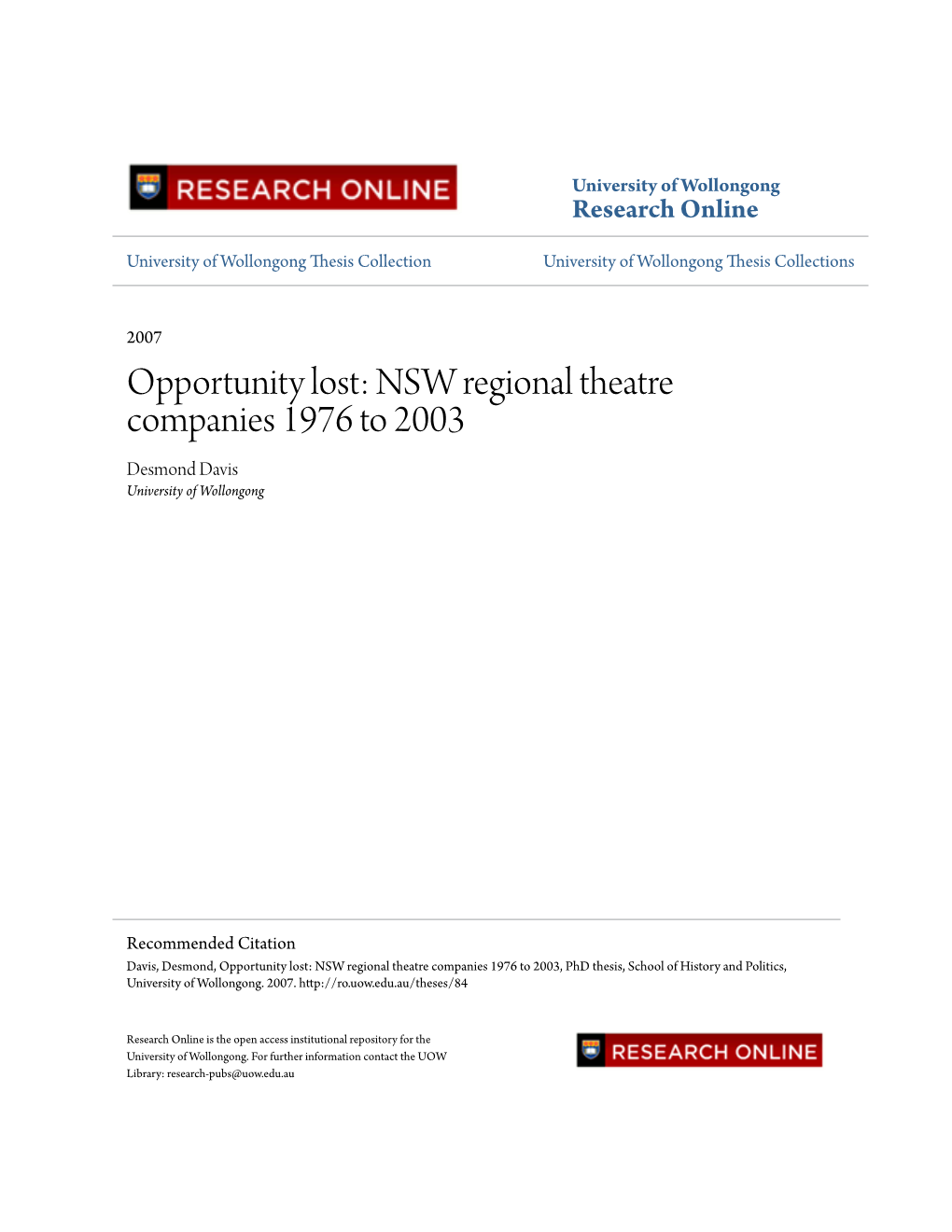 NSW Regional Theatre Companies 1976 to 2003 Desmond Davis University of Wollongong