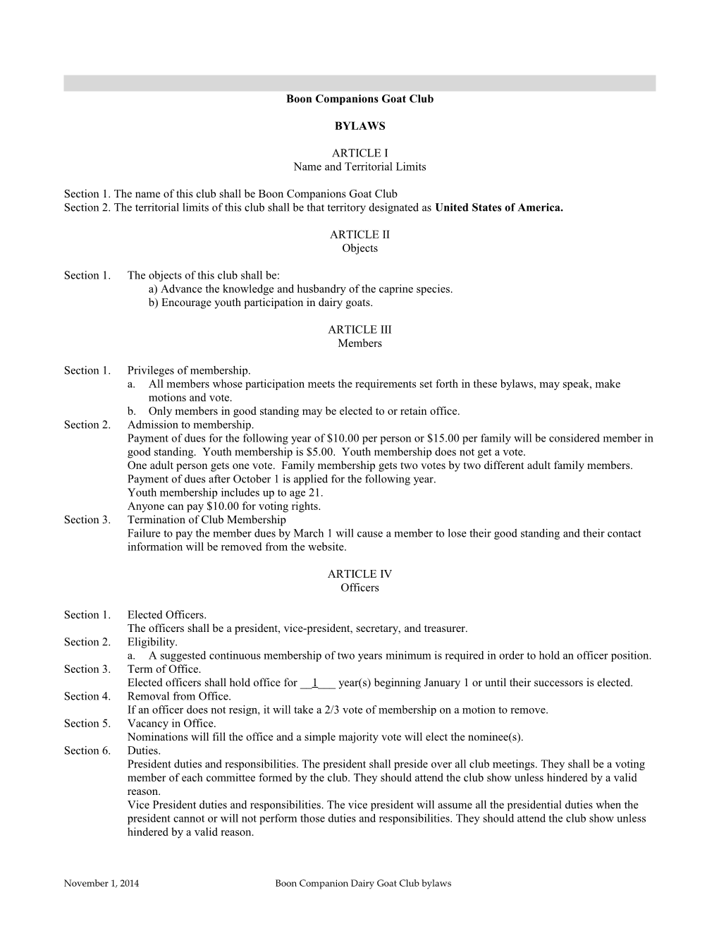 Sample Format for Club Bylaws