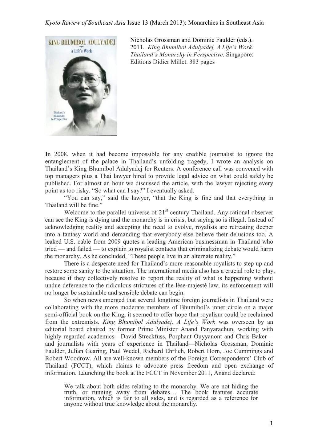 Kyoto Review of Southeast Asia Issue 13 (March 2013): Monarchies in Southeast Asia