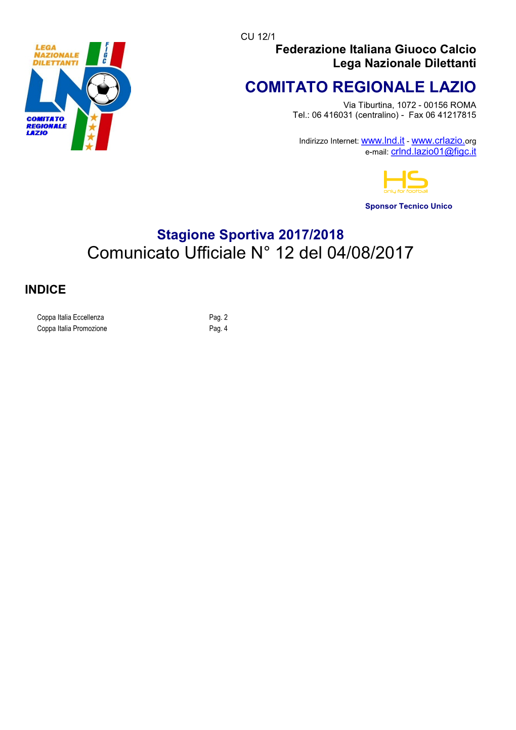 Comunicato Ufficiale N° 12 Del 04/08/2017