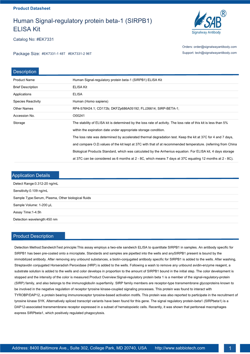 Human Signal-Regulatory Protein Beta-1 (SIRPB1) ELISA Kit