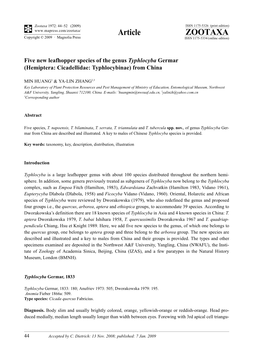 Zootaxa, Five New Leafhopper Species of the Genus Typhlocyba Germar