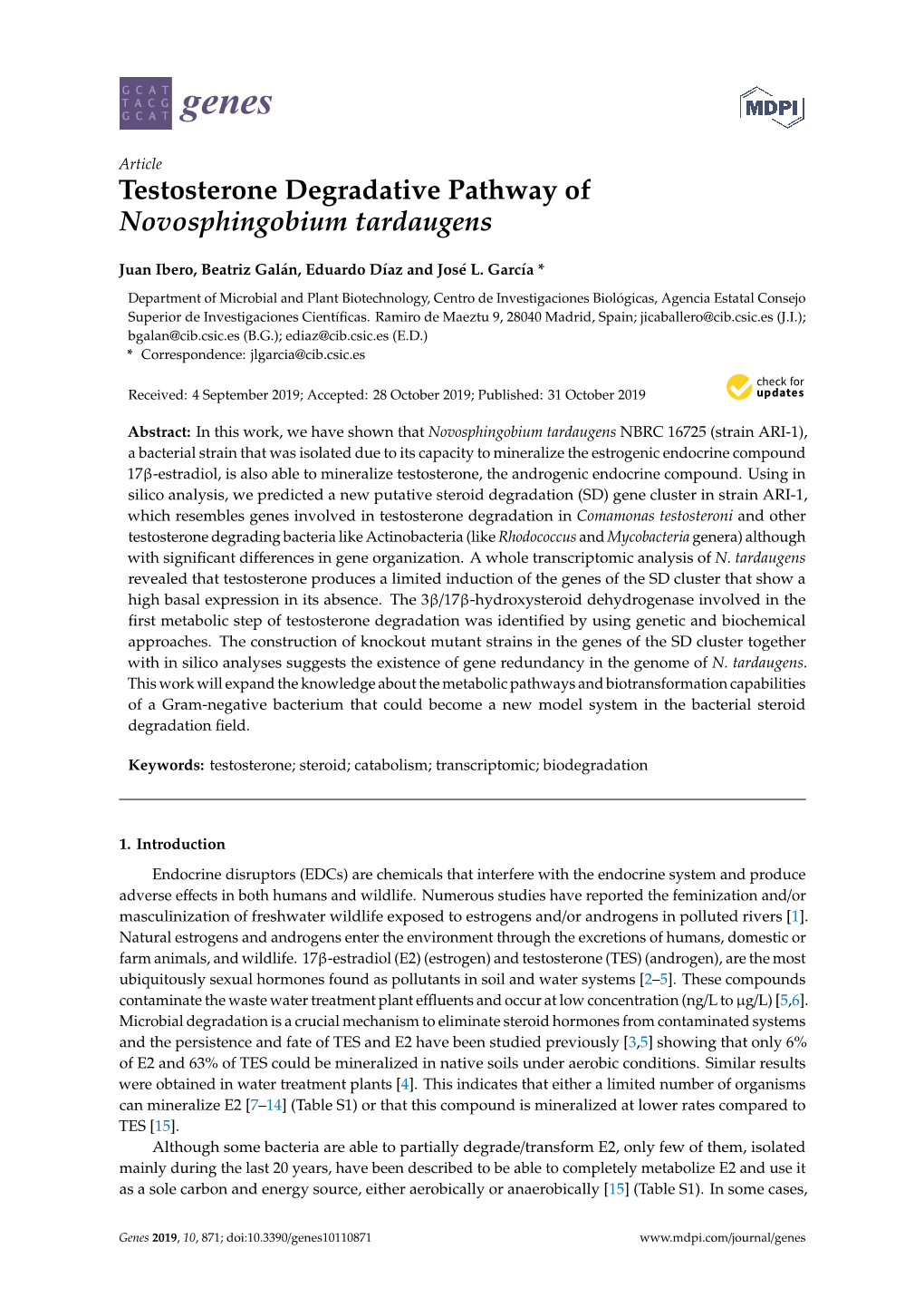 Testosterone Degradative Pathway of Novosphingobium Tardaugens