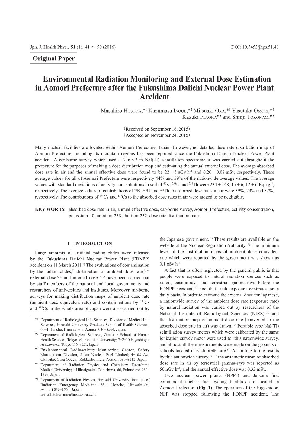 Environmental Radiation Monitoring and External Dose Estimation in Aomori Prefecture After the Fukushima Daiichi Nuclear Power Plant Accident