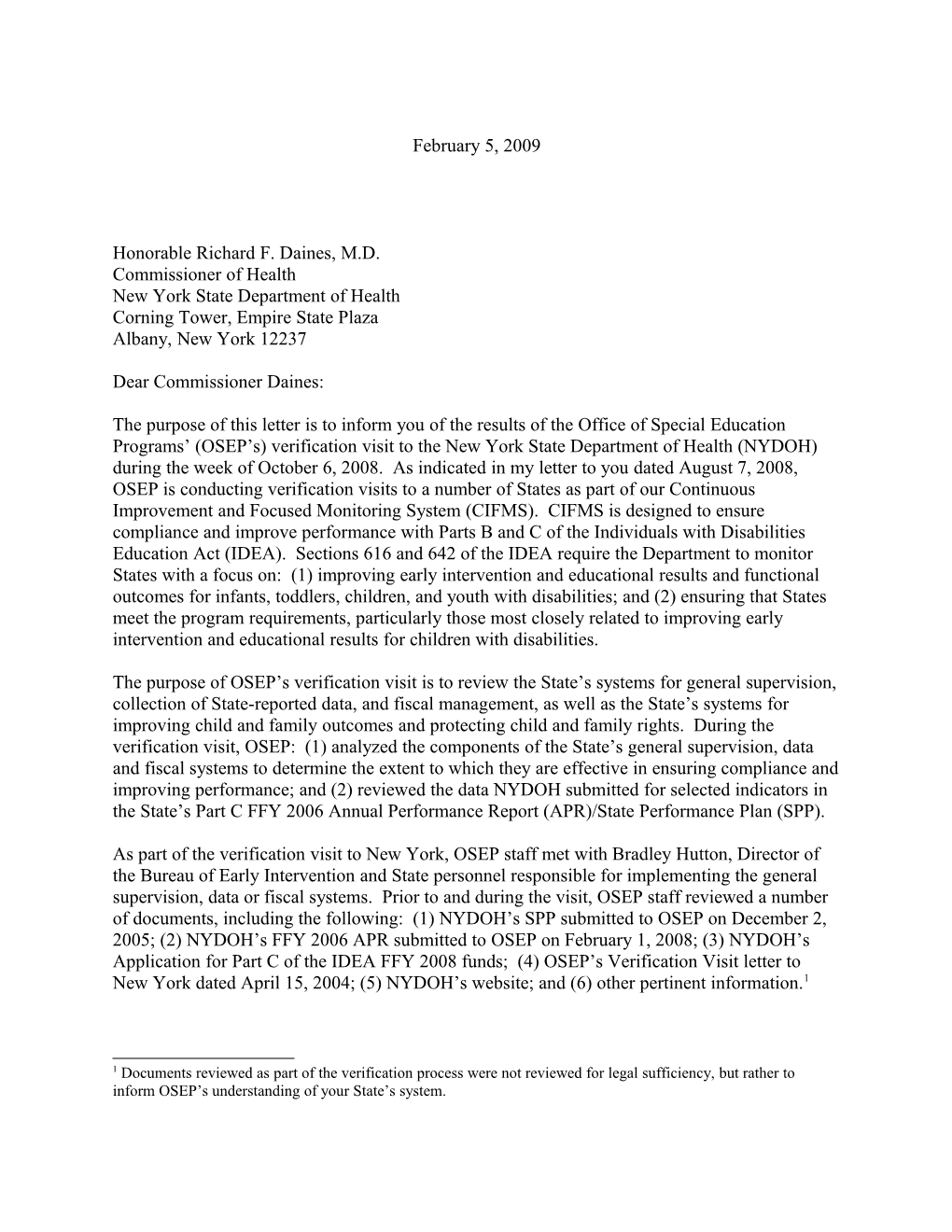 New York 2008 Part B Verification Visit Letter for Grant Year 2006-2007 (MS Word)