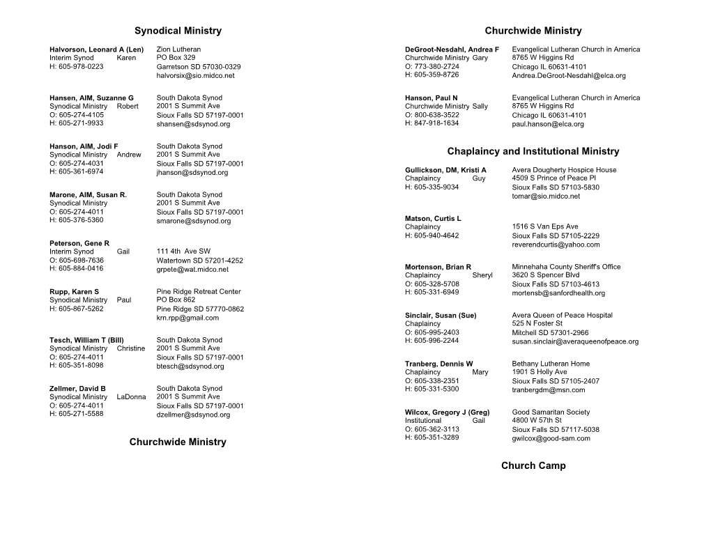 Synodical Ministry Churchwide Ministry Churchwide Ministry Chaplaincy and Institutional Ministry Church Camp