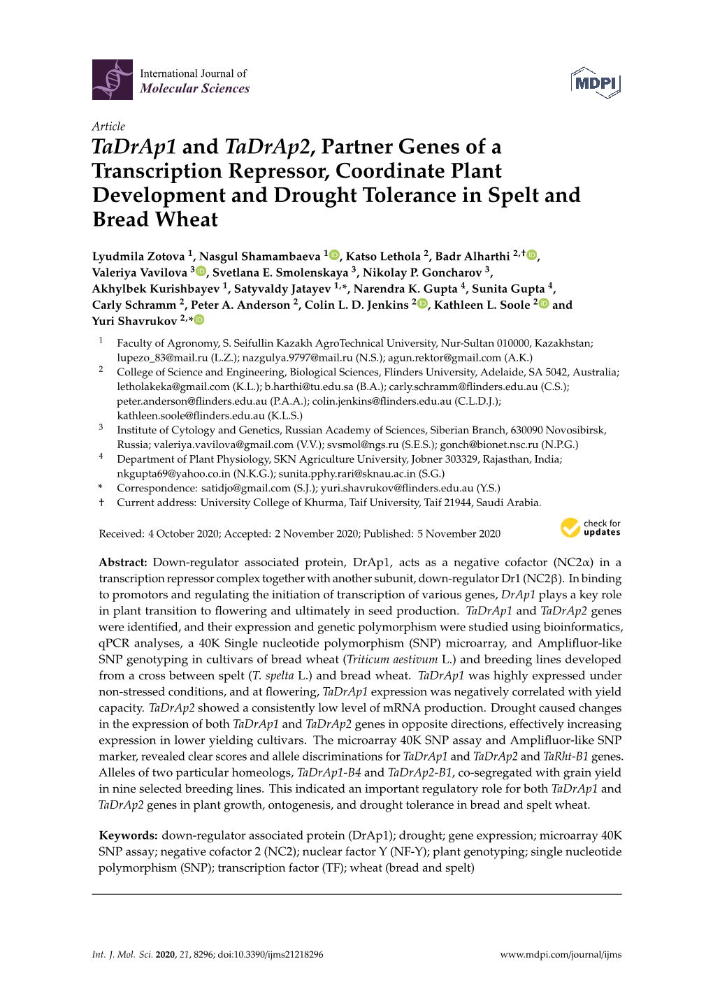 Tadrap1 and Tadrap2, Partner Genes of a Transcription Repressor, Coordinate Plant Development and Drought Tolerance in Spelt and Bread Wheat