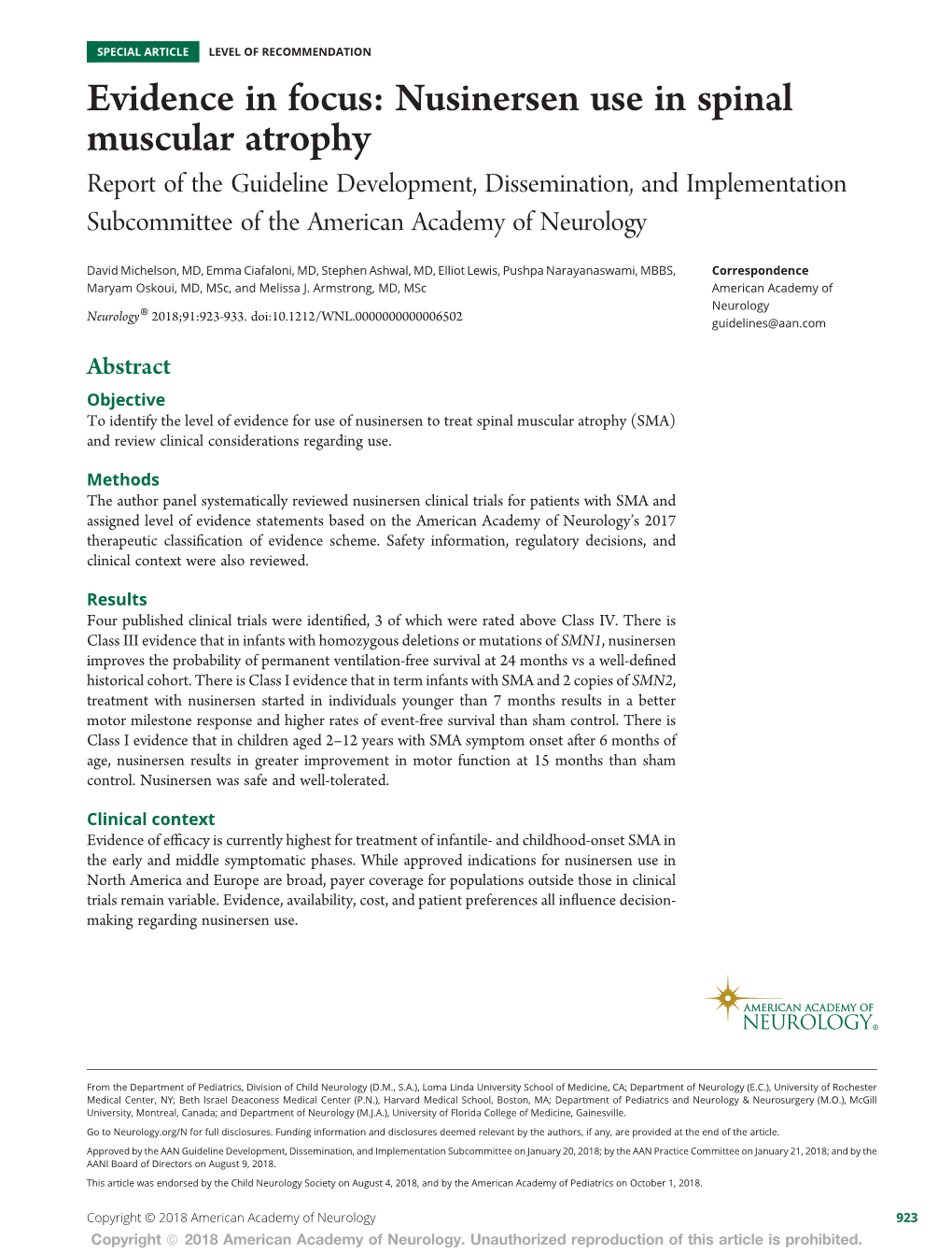 Nusinersen Use in Spinal Muscular Atrophy Report of the Guideline Development, Dissemination, and Implementation Subcommittee of the American Academy of Neurology