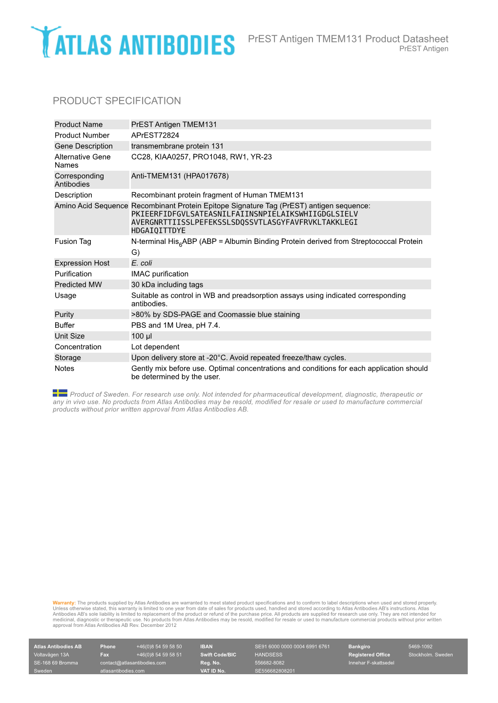 PRODUCT SPECIFICATION Prest Antigen TMEM131 Product Datasheet