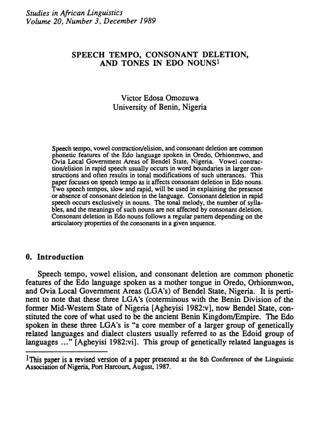 Studies in African Linguistics Volume 20, Number 3, December 1989