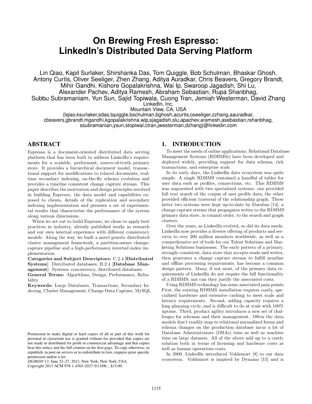 On Brewing Fresh Espresso: Linkedin's Distributed Data Serving Platform