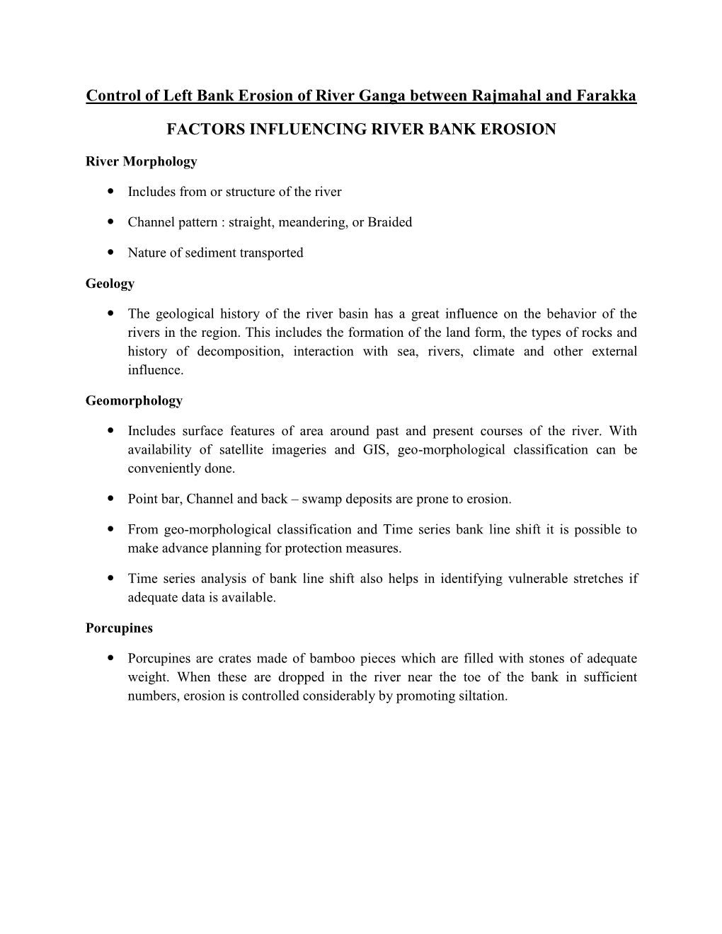 Control of Left Bank Erosion of River Ganga Between Rajmahal and Farakka