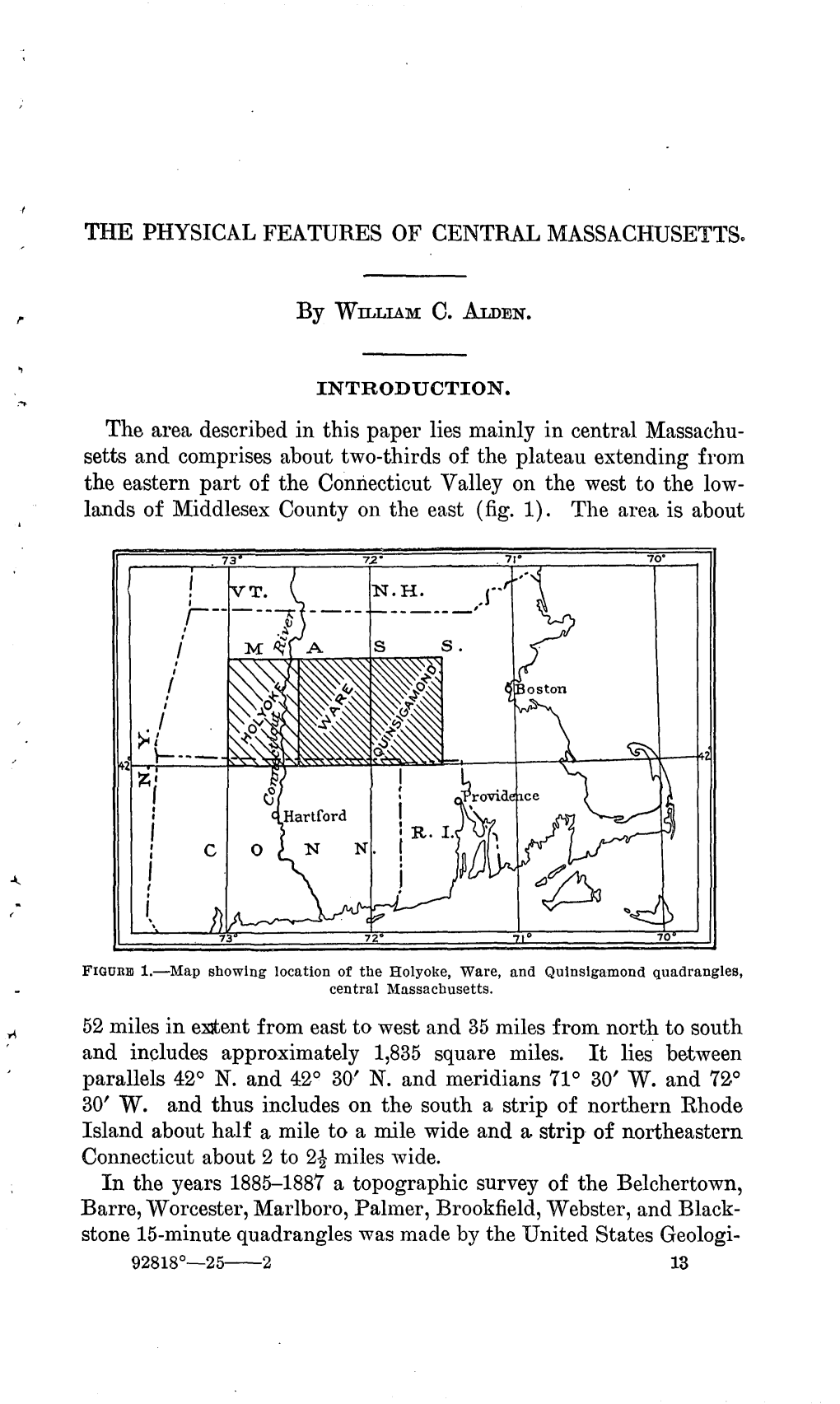 THE PHYSICAL FEATURES of CENTRAL MASSACHUSETTS. By