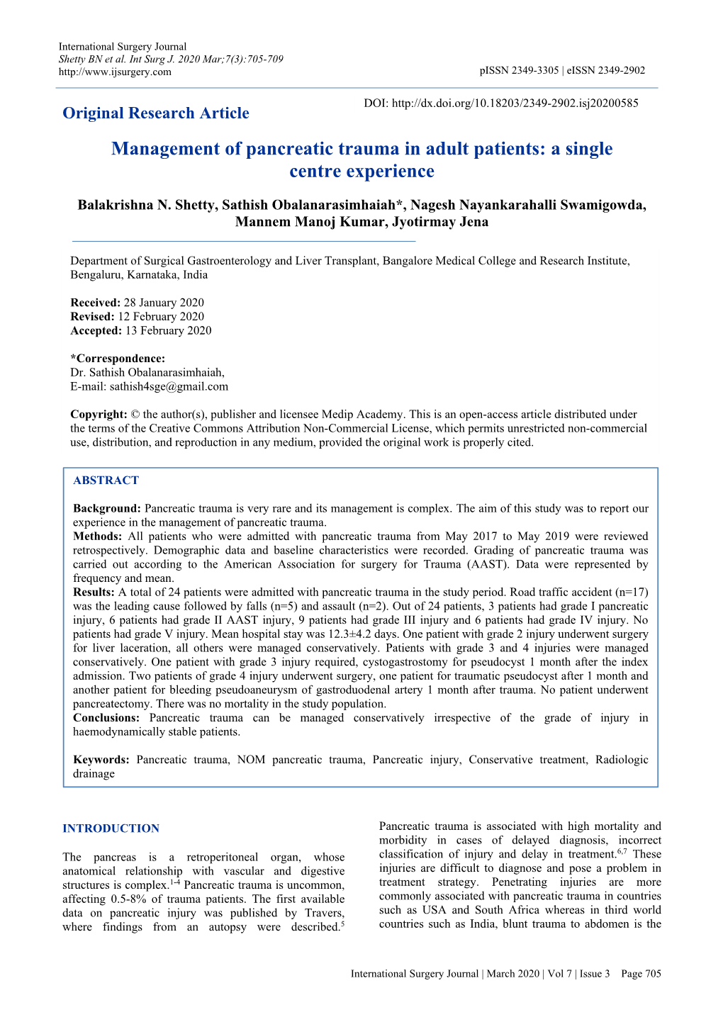 Management of Pancreatic Trauma in Adult Patients: a Single Centre Experience