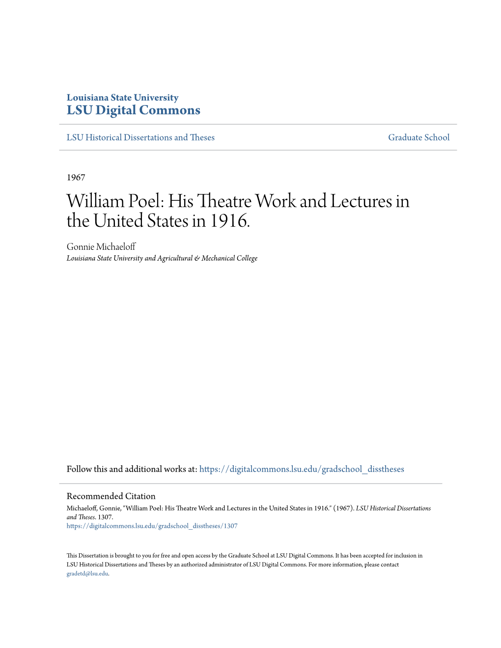 William Poel: His Theatre Work and Lectures in the United States in 1916. Gonnie Michaeloff Louisiana State University and Agricultural & Mechanical College