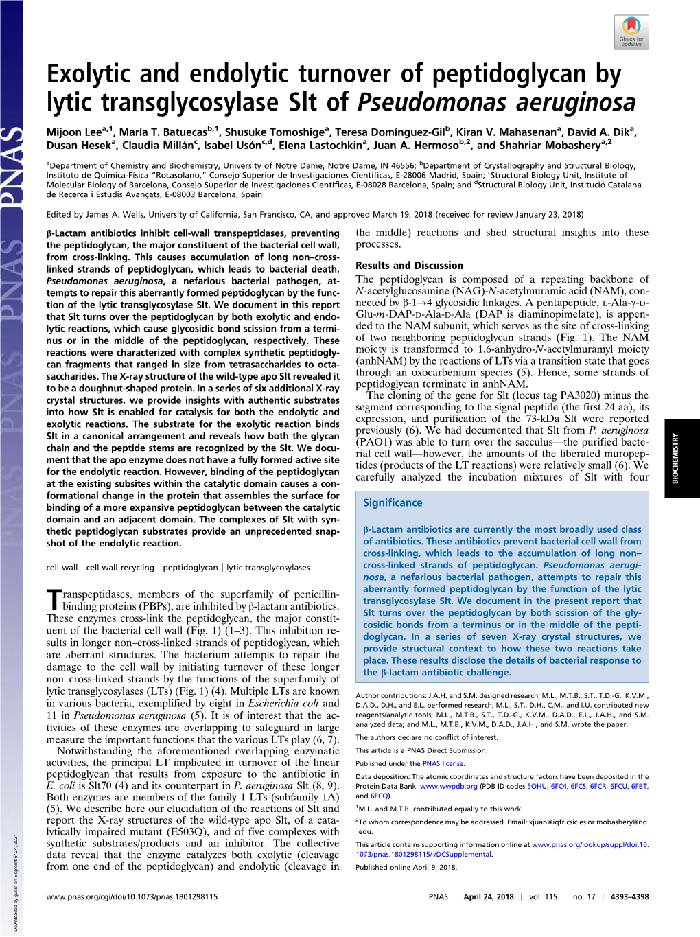 Exolytic and Endolytic Turnover of Peptidoglycan by Lytic Transglycosylase Slt of Pseudomonas Aeruginosa