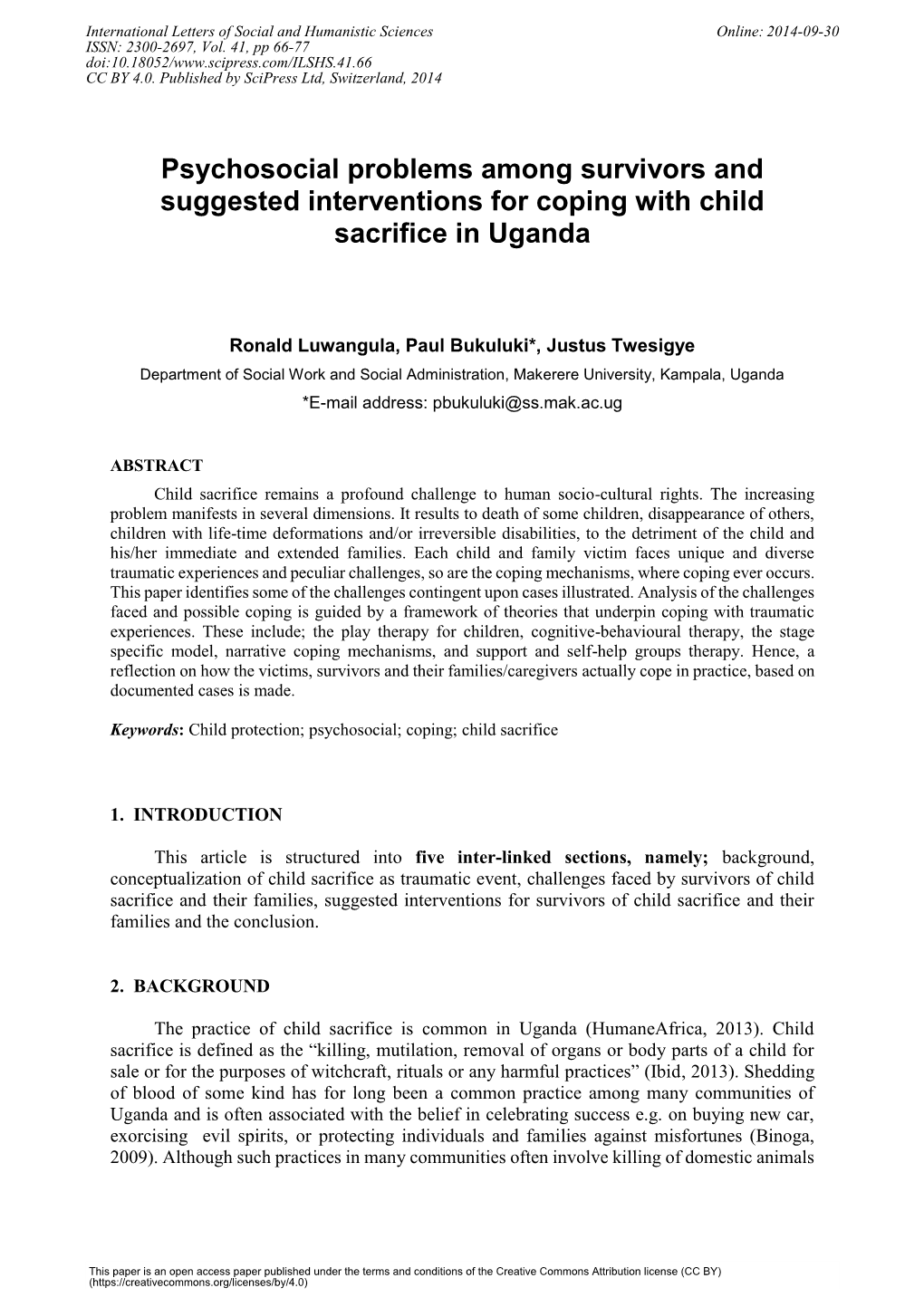 Psychosocial Problems Among Survivors and Suggested Interventions for Coping with Child Sacrifice in Uganda