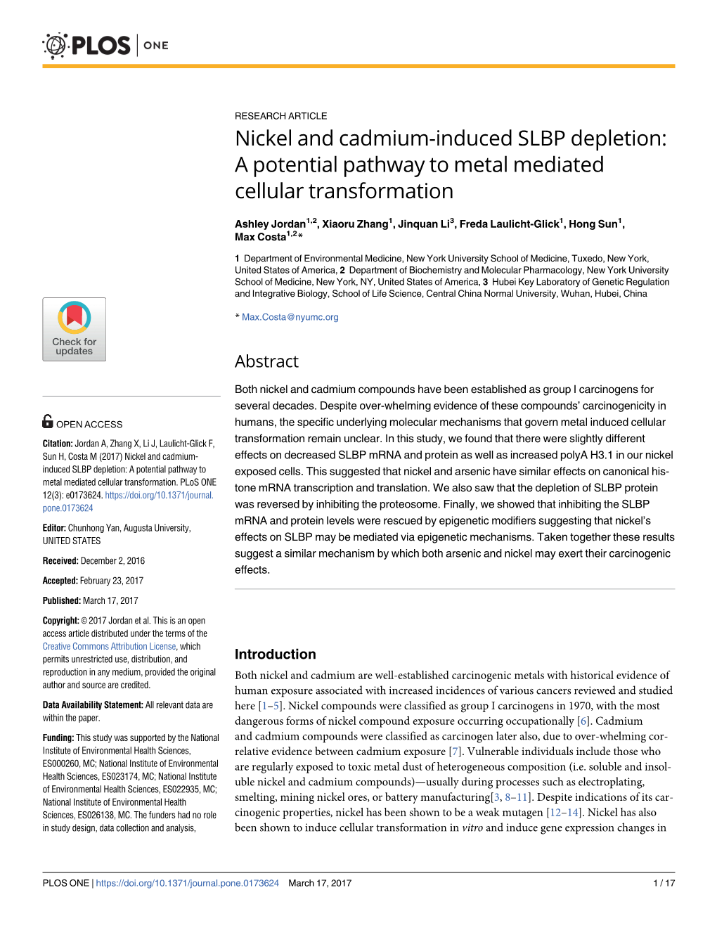 Nickel and Cadmium-Induced SLBP Depletion: a Potential Pathway to Metal Mediated Cellular Transformation