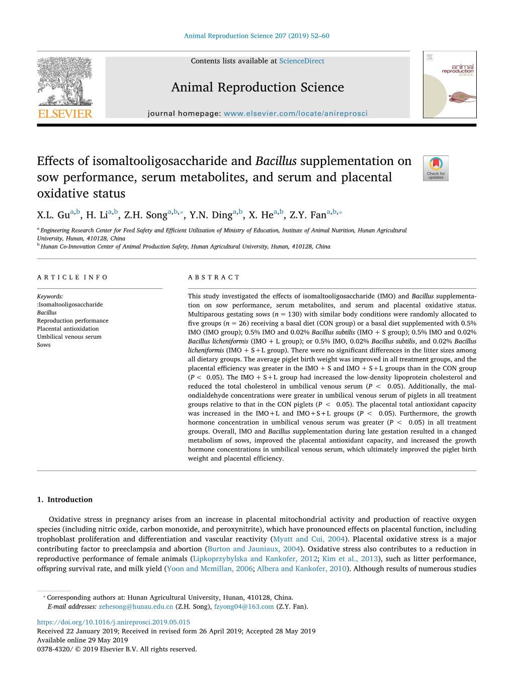 Animal Reproduction Science 207 (2019) 52–60