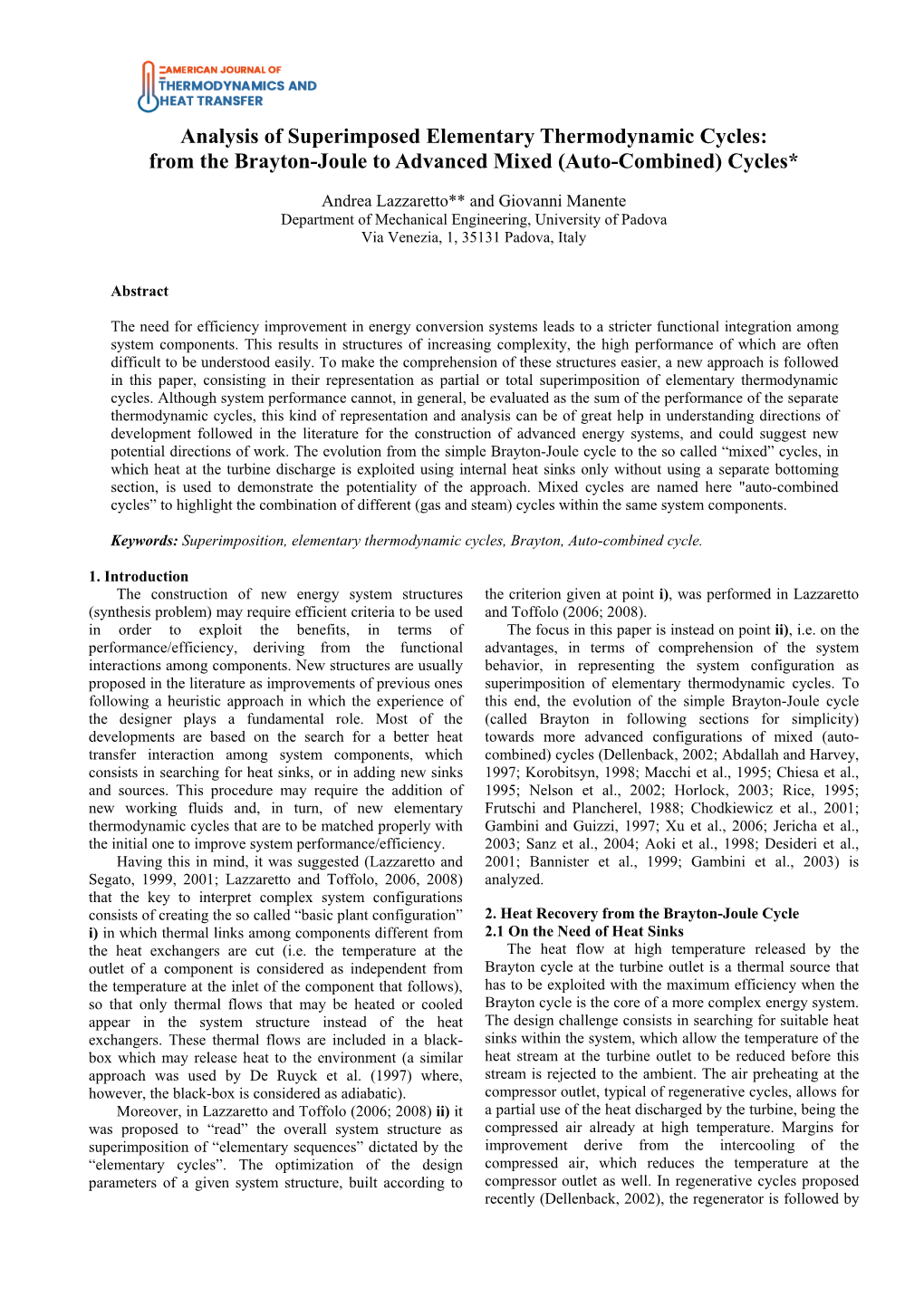 From the Brayton-Joule to Advanced Mixed (Auto-Combined) Cycles*