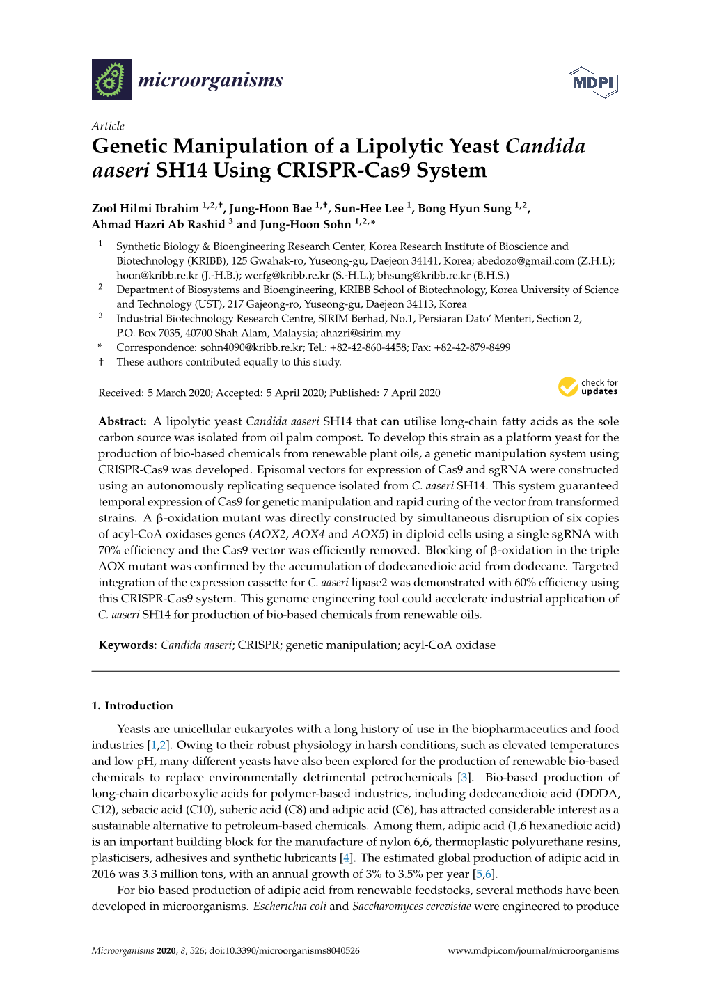 Genetic Manipulation of a Lipolytic Yeast Candida Aaseri SH14 Using CRISPR-Cas9 System