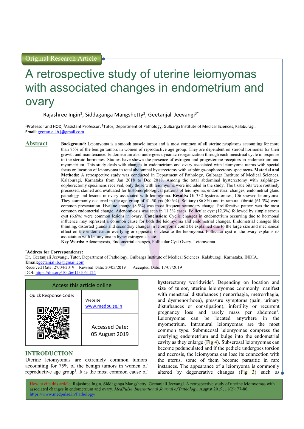 A Retrospective Study of Uterine Leiomyomas with Associated Changes in Endometrium and Ovary