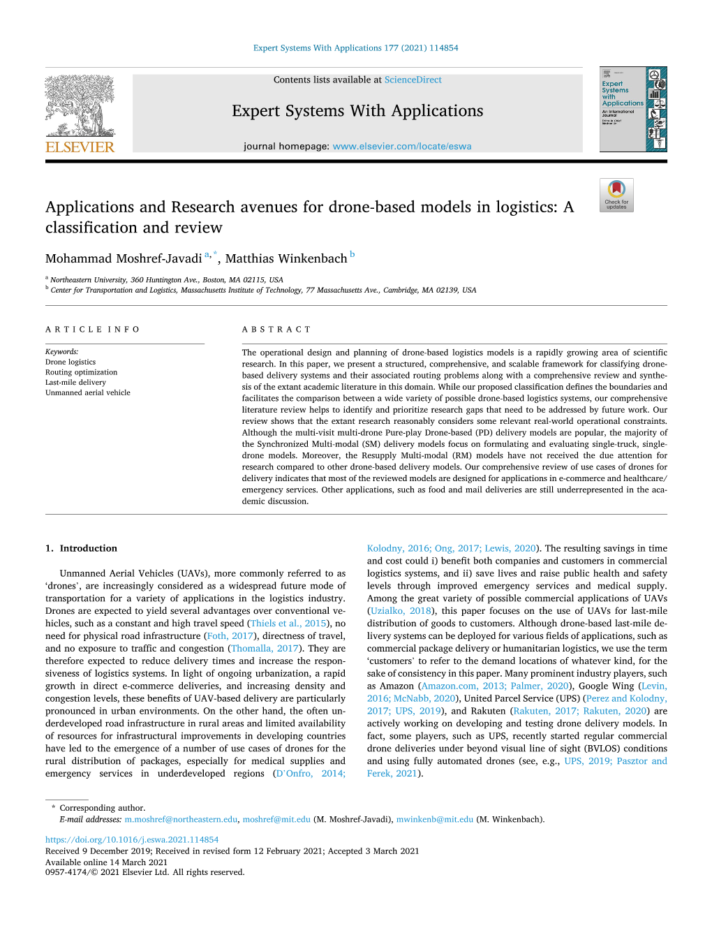 Applications and Research Avenues for Drone-Based Models in Logistics: a Classification and Review